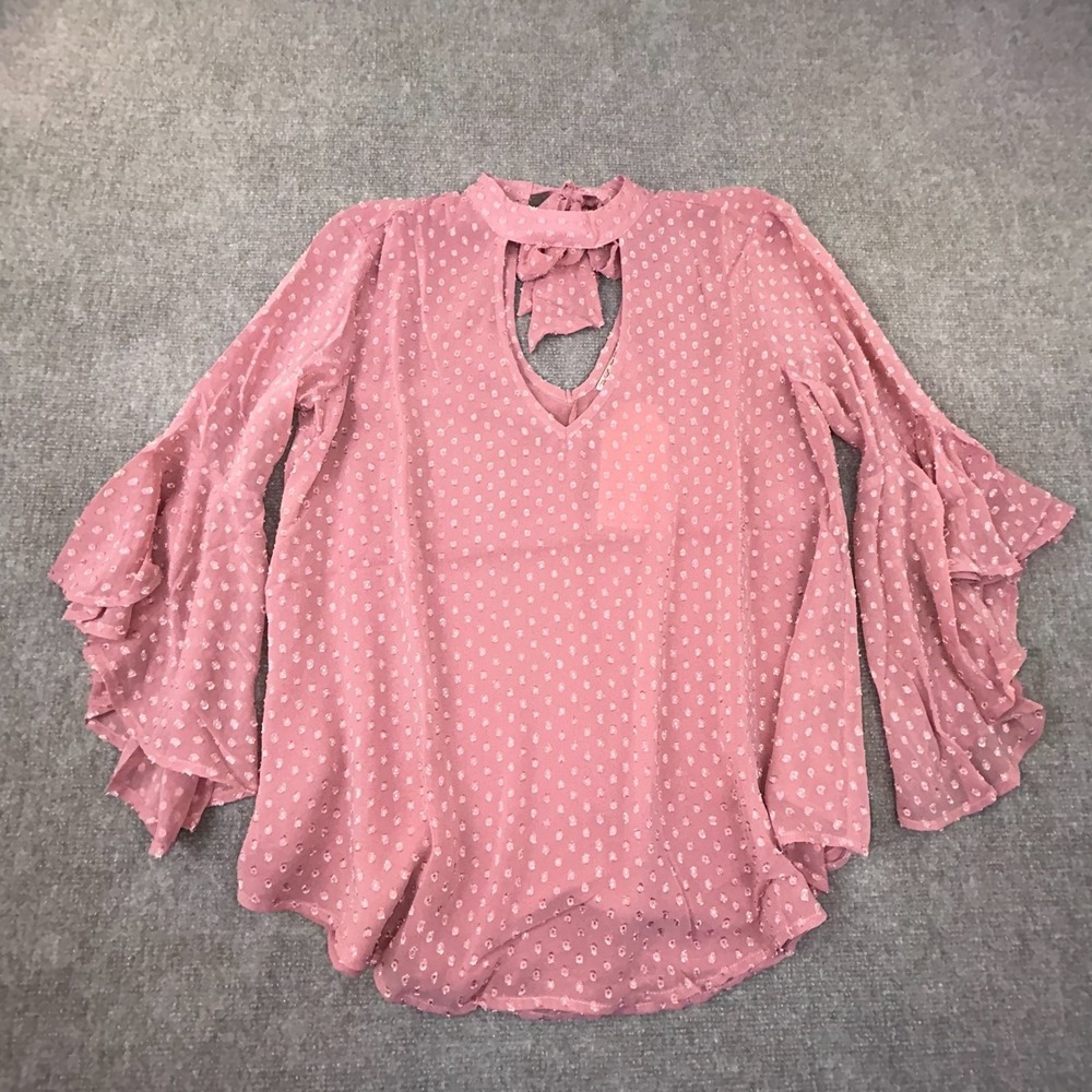 Band of Gypsies Fairy Blouse Women M Blush Lined Bell Sleeve Keyhole Tie Neck